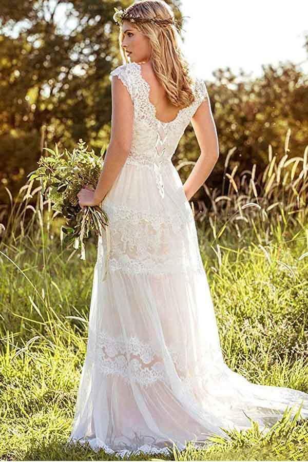 Simple A-Line V-Neck Bohemian Lace Bridal Gown Wedding Dress US0 / White Simple A-Line V-Neck Bohemian Lace Bridal Gown Wedding Dress US0 / White