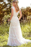 Simple A-Line V-Neck Bohemian Lace Bridal Gown Wedding Dress TN208 - Tirdress