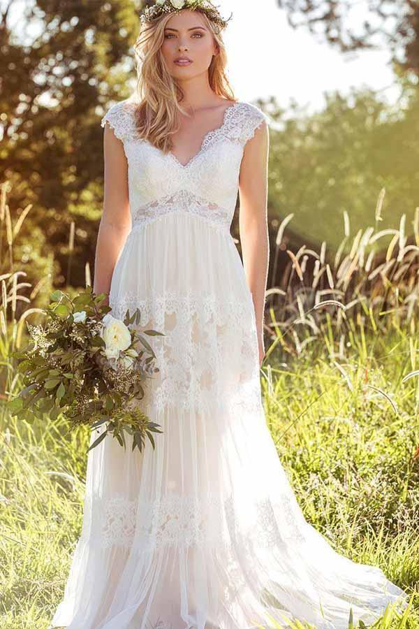 Simple A-Line V-Neck Bohemian Lace Bridal Gown Wedding Dress US0 / White Simple A-Line V-Neck Bohemian Lace Bridal Gown Wedding Dress US0 / White