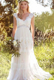 Einfaches A-Linien-Brautkleid mit V-Ausschnitt und Bohemian-Spitze, Hochzeitskleid TN208
