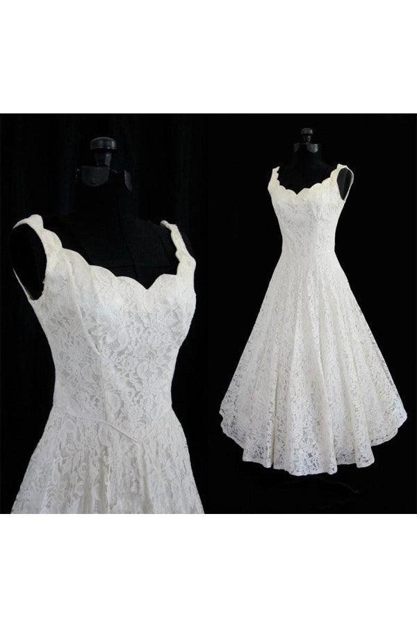 Simple A-line Straps Jewel Knee-Length Lace Beach Wedding Dresses TN0014 - Tirdress