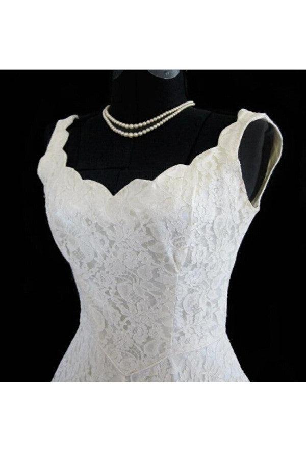 Simple A-line Straps Jewel Knee-Length Lace Beach Wedding Dresses TN0014 - Tirdress