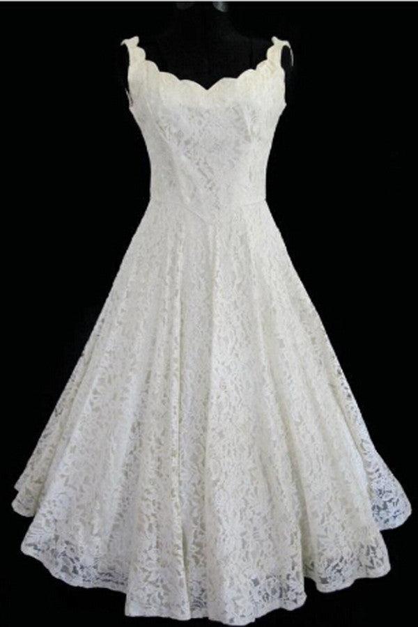 Simple A-line Straps Jewel Knee-Length Lace Beach Wedding Dresses TN0014 - Tirdress