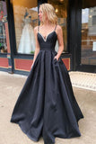 Simple Black Satin Long Prom Dress Evening Dress With Pockets TP1043