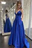 Einfaches blaues langes Abendkleid aus Satin mit V-Ausschnitt, formelles Kleid mit Taschen TP1046