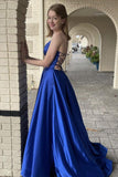 Simple Blue V Neck Satin Long Prom Dress Formal Dress With Pockets TP1046 - Tirdress