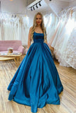 Einfaches rückenfreies langes Ballkleid aus blauem Satin, blaues Abendkleid TP1026