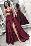 Simple Burgundy Satin Split Long Prom Evening Dress With Pockets TP1077