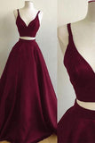 Simple Burgundy Two Piece Satin A-line Floor Length Prom Dress TP0181