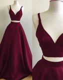 Simple Burgundy Two Piece Satin A-line Floor Length Prom Dress TP0181 - Tirdress