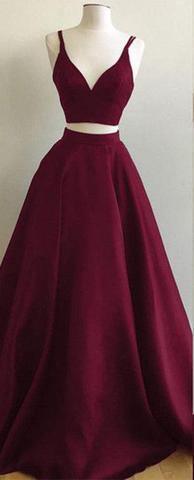 Simple Burgundy Two Piece Satin A-line Floor Length Prom Dress TP0181 - Tirdress