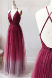 Simple Deep Burgundy V Neck Open Back Long Prom Dress, Party Dress TP0908