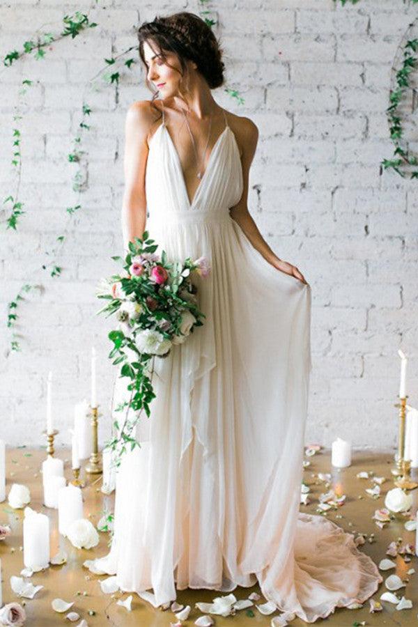 Simple Deep V-neck Sweep Train Ivory Wedding Dresses With Straps TN0020 - Tirdress
