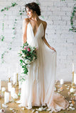 Simple Deep V-neck Sweep Train Ivory Wedding Dresses With Straps TN0020