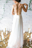 Simple Deep V-neck Sweep Train Ivory Wedding Dresses With Straps WD010 - Tirdress
