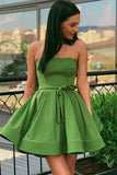 Robe de soirée formelle sans bretelles en satin vert simple HD0108 