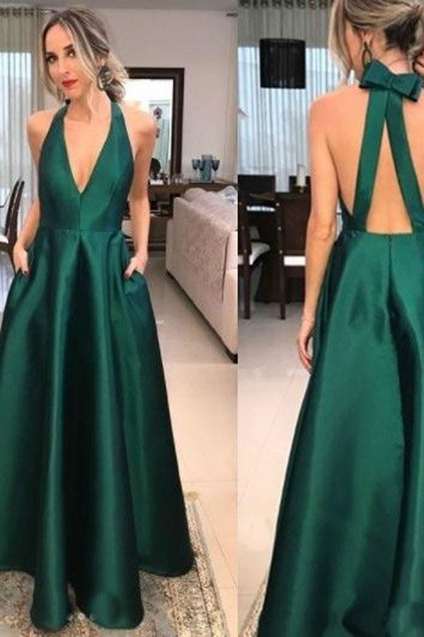Simple Green Satin V-neck A-line Long Prom Dresses Formal Dresses US2 / As Picture Simple Green Satin V-neck A-line Long Prom Dresses Formal Dresses US2 / As Picture