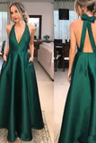 Einfache lange Abendkleider aus grünem Satin mit V-Ausschnitt und A-Linie, elegante formelle Kleider TP0164