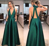 Simple Green Satin V-neck A-line Long Prom Dresses, Elegant Formal Dresses TP0164 - Tirdress