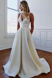 Robe de mariée simple en satin ivoire à col en V avec nœud papillon TN179 