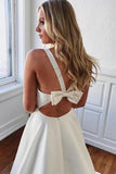 Simple Ivory Satin V Neck Wedding Dress With Bow-knot TN179 - Tirdress