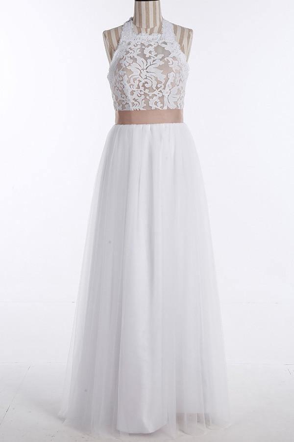 Simple Jewel Sleeveless Floor-Length Lace Top Wedding Dress US12 / Custom Color Simple Jewel Sleeveless Floor-Length Lace Top Wedding Dress US12 / Custom Color