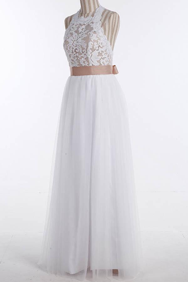 Simple Jewel Sleeveless Floor-Length Lace Top Wedding Dress WD098 - Tirdress