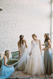 Simple Lace Applique A Line V Neck Tulle Beach Wedding Dress TN131 - Tirdress