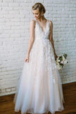 Simple Lace Applique A Line V Neck Tulle Beach Wedding Dress TN131
