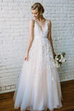 Simple Lace Applique A Line V Neck Tulle Beach Wedding Dress TN131 - Tirdress