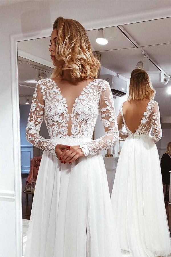 Simple A Line V Neck Ivory Lace Long Sleeves Split Wedding Dresses TN164 - Tirdress