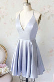 Simple A Line V Neck Light Blue Satin Homecoming Dresses with Pockets HD0068