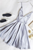 Simple A Line V Neck Light Blue Satin Homecoming Dresses with Pockets HD0068 - Tirdress