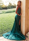 Simple A Line Spaghetti Straps Green Prom Dresses with Split Front TP0955 - Tirdress