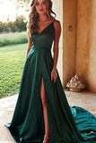 Simple A Line Spaghetti Straps Green Prom Dresses with Split Front TP0955