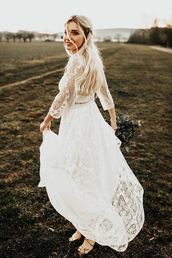 Simple Long Sleeves Lace Backless Wedding Dresses Rustic Bridal