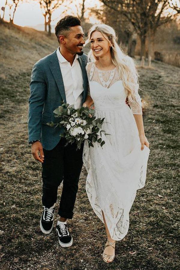 Simple Long Sleeves Lace Backless Wedding Dresses Rustic Bridal Gowns TN277 - Tirdress