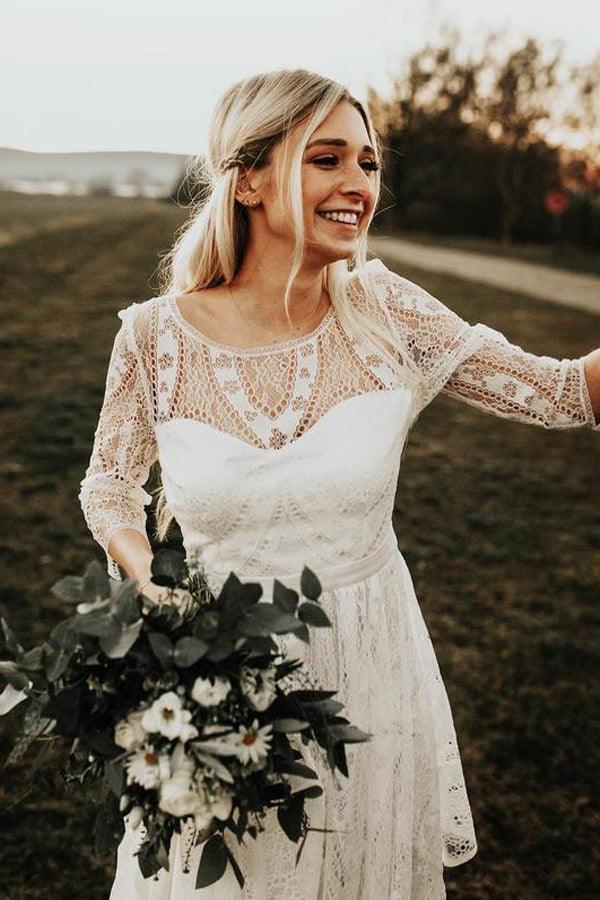 Simple Long Sleeves Lace Backless Wedding Dresses Rustic Bridal