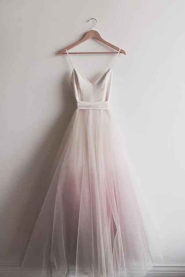 Simple Ombre A-line Spaghetti Straps Floor-length Long Prom Dresses TP0825 - Tirdress