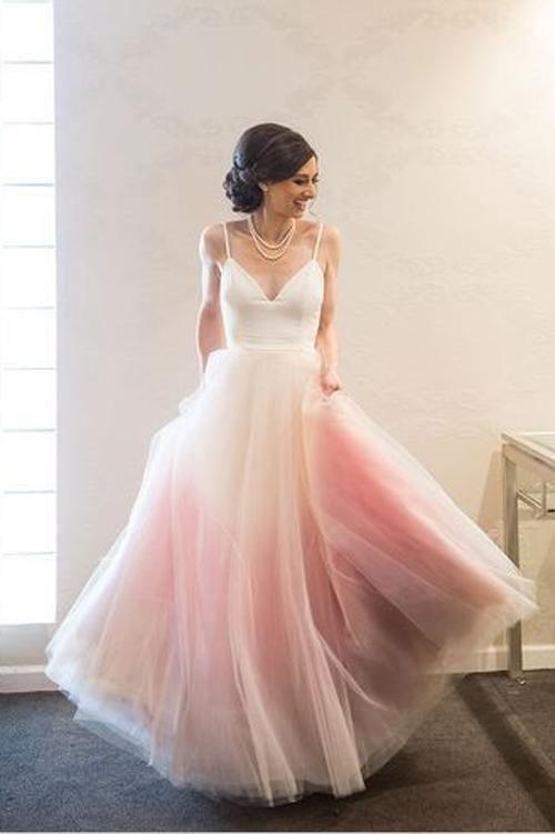 Simple Ombre A-line Spaghetti Straps Floor-length Long Prom Dresses TP0825 - Tirdress