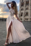 Simple Pearl Pink Chiffon Split Sleeveless Prom Evening Dress TP0166