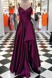 Simple Plum Satin Long Side Slit Prom Dresses TP0179