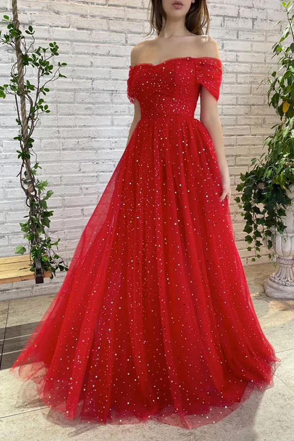 Simple Red Off Shoulder Tulle Long Prom Dress Red Evening Dress TP1130 - Tirdress