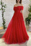 Simple Red Off Shoulder Tulle Long Prom Dress Red Evening Dress TP1130