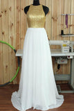 Simple Round Neck Sweep Train Open Back White Prom Dresses With Sequins PG363