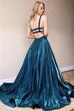 Simple Satin Blue Long Prom Dress Round Neck Evening Dress TP1047 - Tirdress