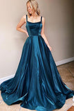 Simple Satin Blue Long Prom Dress Round Neck Evening Dress TP1047
