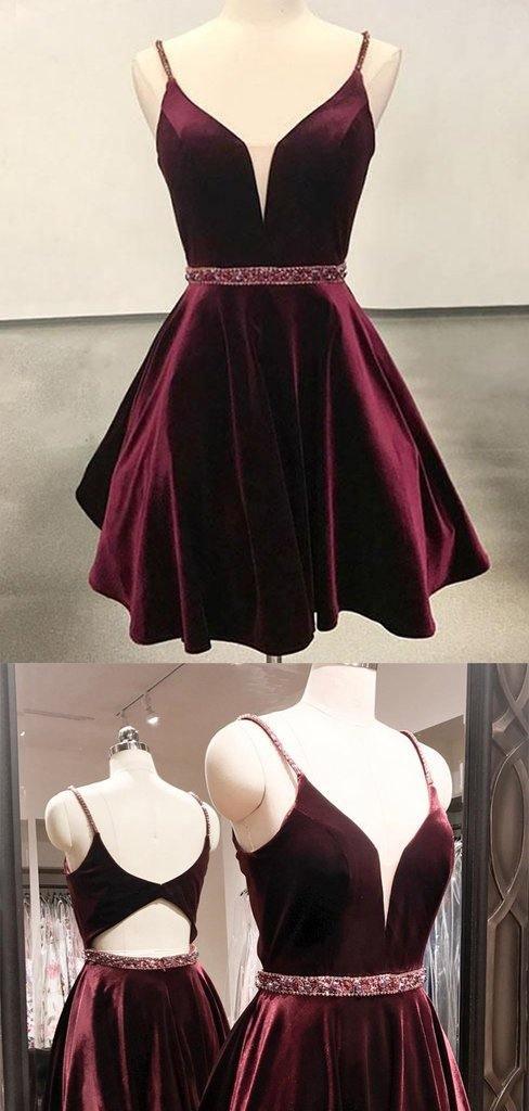 Simple Spaghetti Strap V Neck Open Back A Line Short Homecoming Dress HD0106 - Tirdress