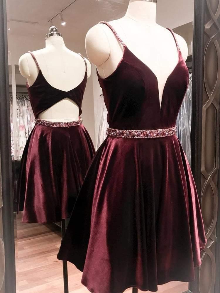 Simple Spaghetti Strap V Neck Open Back A Line Short Homecoming Dress HD0106 - Tirdress