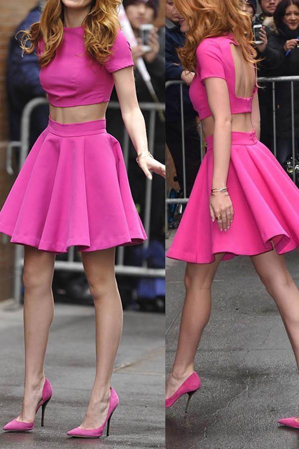 Simple Two Piece Hot Pink Open Back Homecoming Dress Short Prom Dresses PG109 - Tirdress